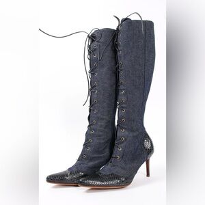 Christian Dior Y2K Denim and Snakeskin Leather Lace Up Knee High Heeled Boots